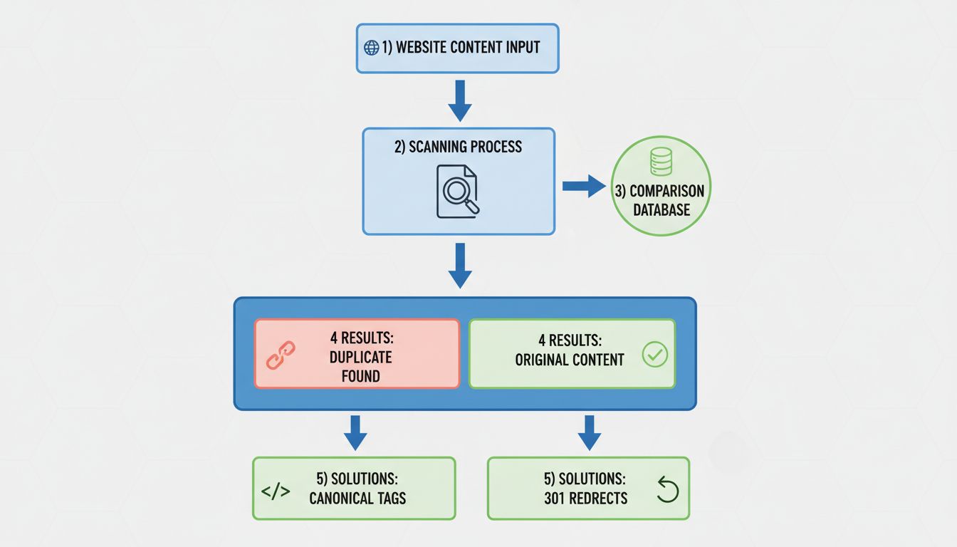Diagram procesu sprawdzania duplikatów treści: skanowanie, porównanie w bazie, rozwiązania