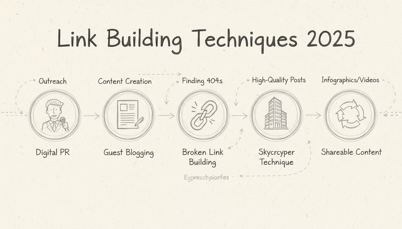 Schemat technik link buildingu: digital PR, guest blogging, broken link building, skyscraper, shareable content