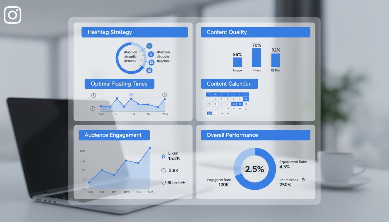 Pulpit strategii marketingowej na Instagramie z badaniem hashtagów, analizą, kalendarzem treści i wskaźnikami zaangażowania