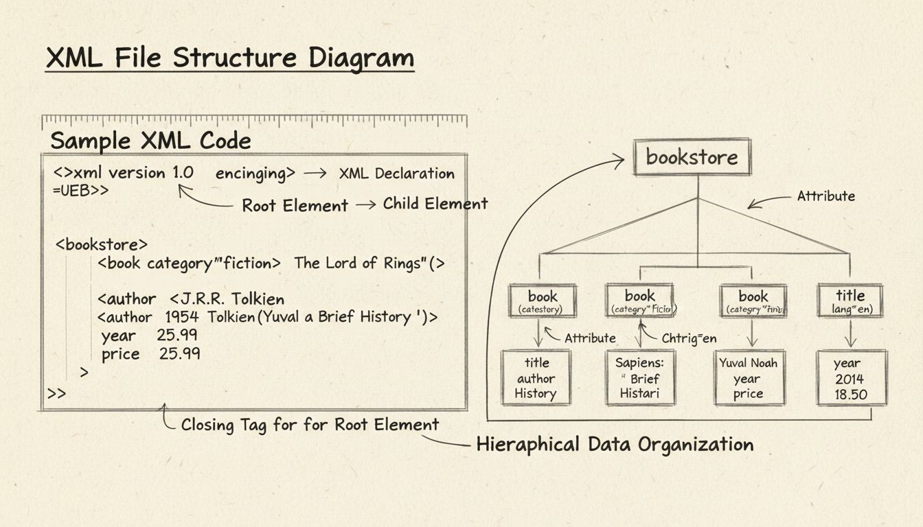 Diagram struktury pliku XML pokazujący tagi, elementy, atrybuty i organizację hierarchiczną