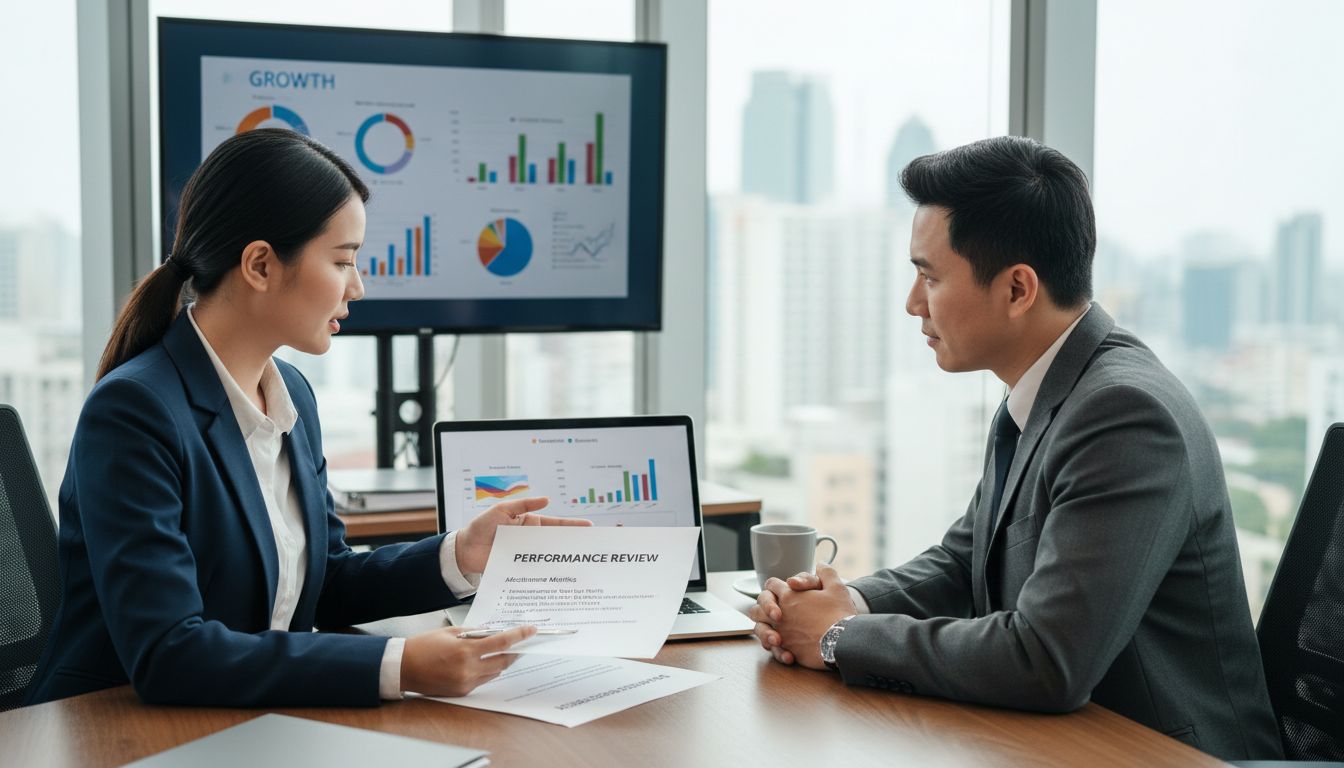 Profesjonalne spotkanie biznesowe pracownika z menedżerem dotyczące podwyżki wynagrodzenia, z dokumentami osiągnięć i wskaźnikami efektywności