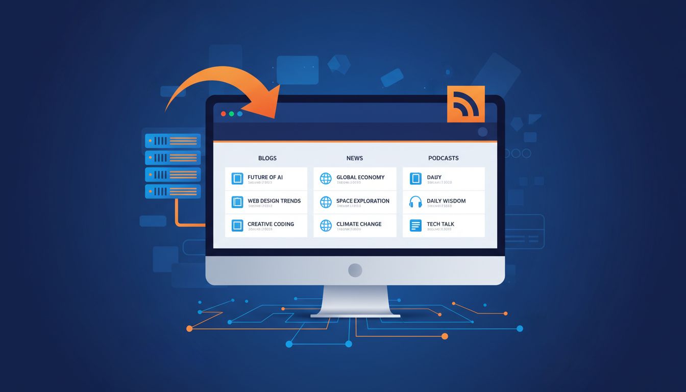 Interfejs czytnika kanałów RSS pokazujący wiele kanałów treści zorganizowanych w kolumny z wpisami blogowymi, artykułami informacyjnymi i podcastami