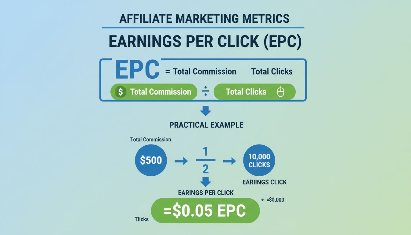 Infografika wyjaśniająca wzór na EPC: całkowita prowizja podzielona przez liczbę kliknięć