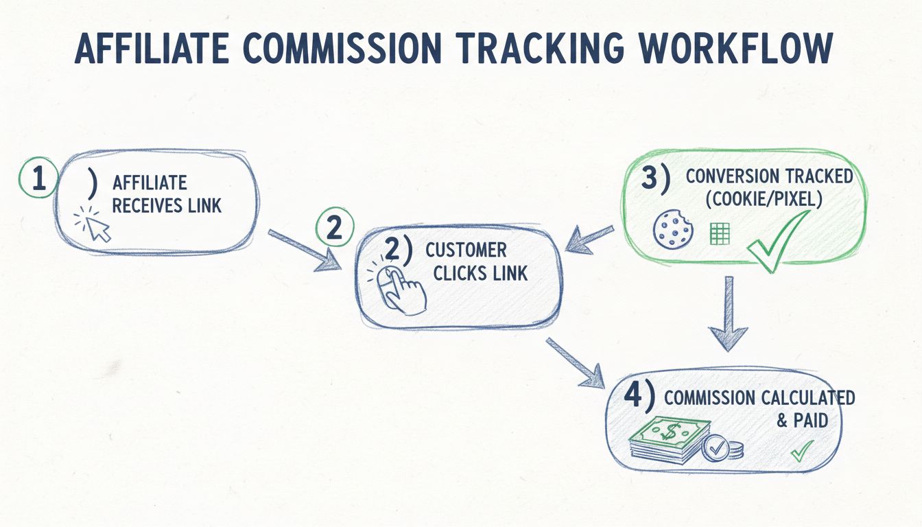 Affiliate commission tracking workflow showing conversion tracking steps from click to payment