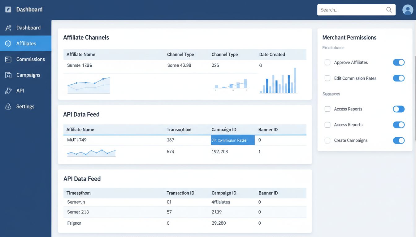 Panel Post Affiliate Pro z kolumną Data utworzenia dla kanałów afiliacyjnych, śledzeniem ID kampanii i ID banera oraz kontrolami uprawnień sprzedawcy