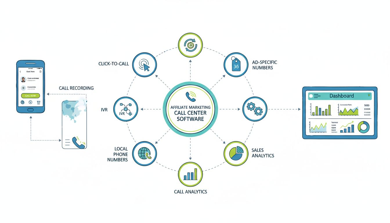 Funkcje oprogramowania call center dla marketingu afiliacyjnego: click-to-call, nagrywanie rozmów, IVR, ACD, numery przypisane do reklam, integracja z CRM, lokalne numery, analityka połączeń i analityka sprzedaży