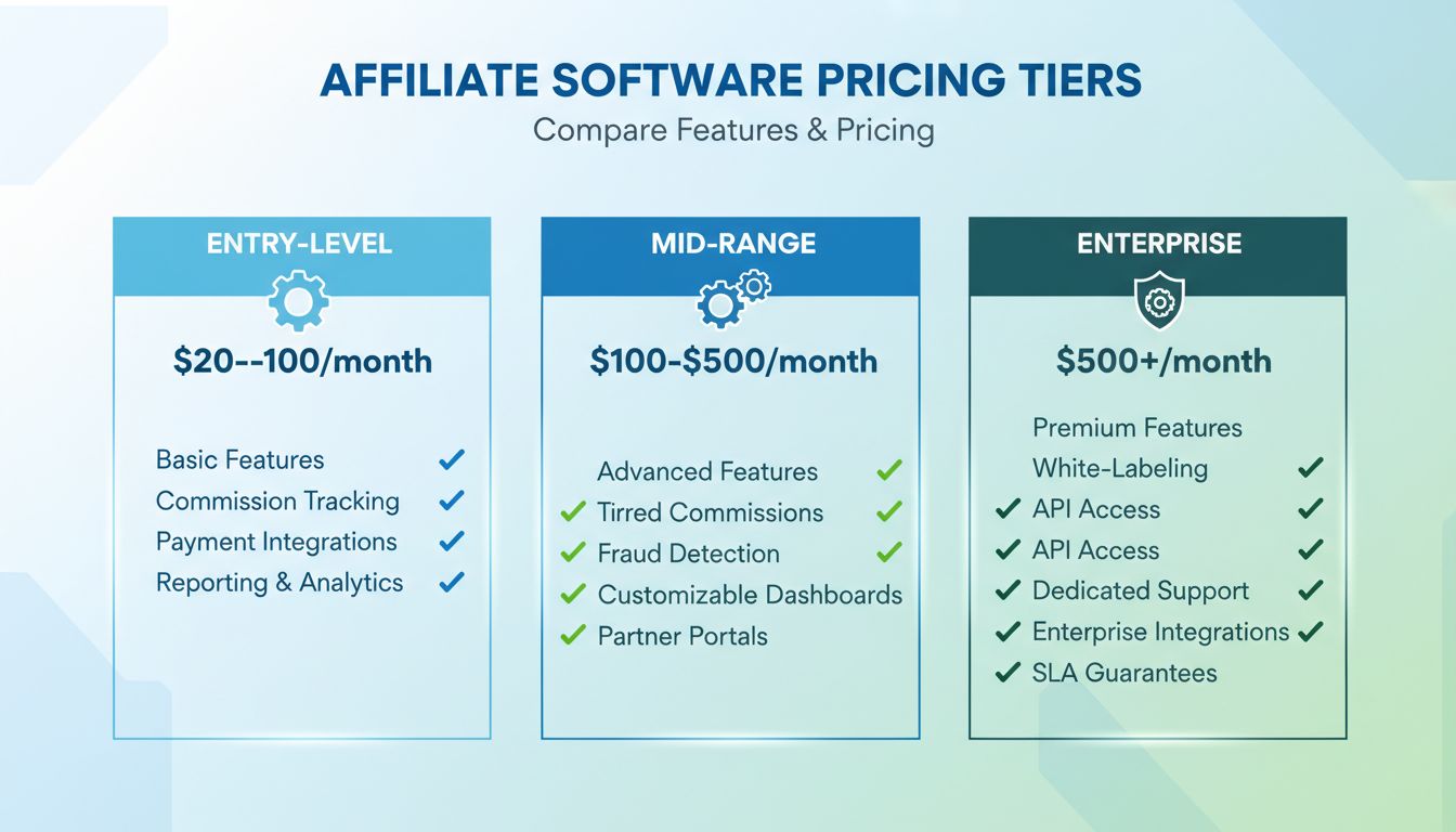 Porównanie poziomów cenowych oprogramowania afiliacyjnego: plany podstawowe, średnie i dla przedsiębiorstw wraz z funkcjami
