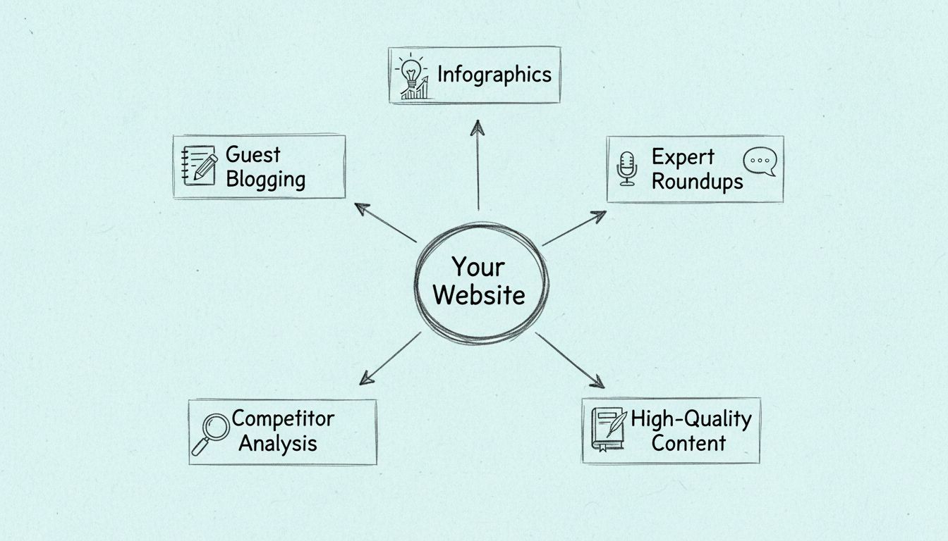 Ręcznie rysowany diagram przedstawiający skuteczne strategie budowania backlinków, z centralnym hubem łączącym guest blogging, infografiki, roundupy ekspertów, analizę konkurencji i wysokiej jakości treści