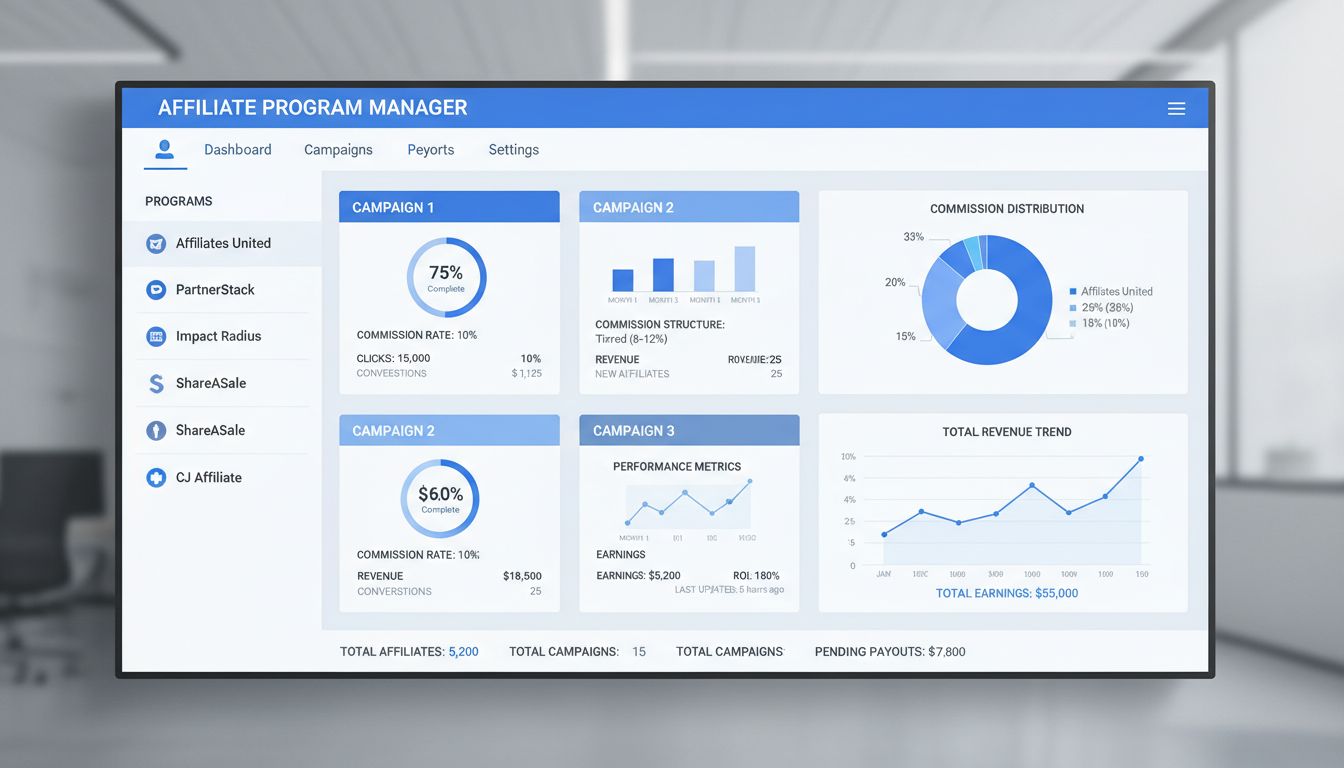 Panel zarządzania wieloma programami partnerskimi pokazujący różne kampanie, struktury prowizji i analitykę