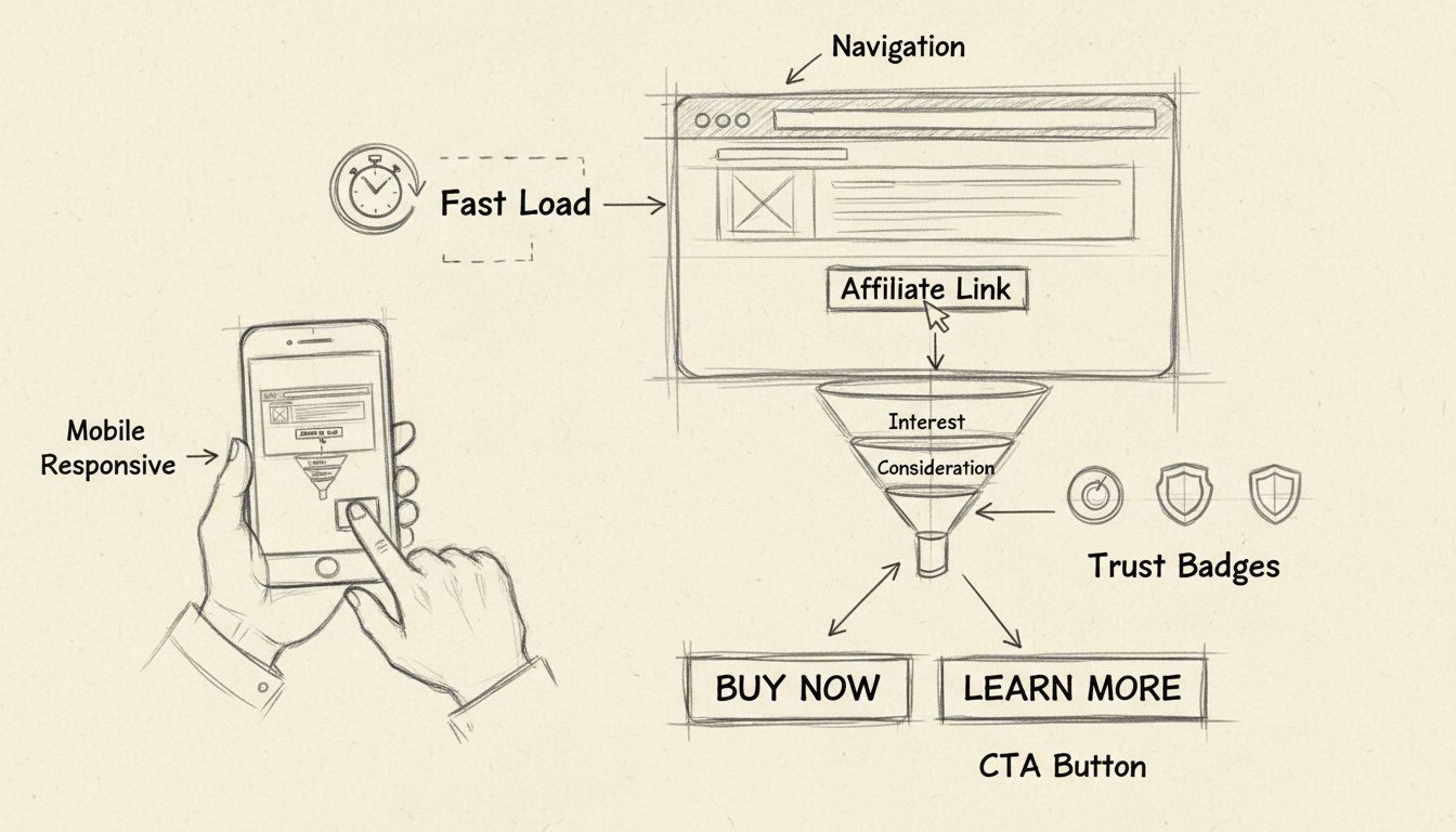 Elementy UX dla marketingu afiliacyjnego, w tym nawigacja, responsywność mobilna, szybkie ładowanie, znaki zaufania i optymalizacja konwersji