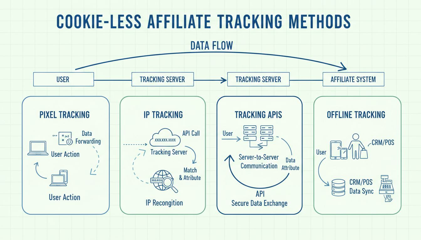 Infografika metod śledzenia bez plików cookie: piksel śledzący, śledzenie po IP, API i śledzenie offline