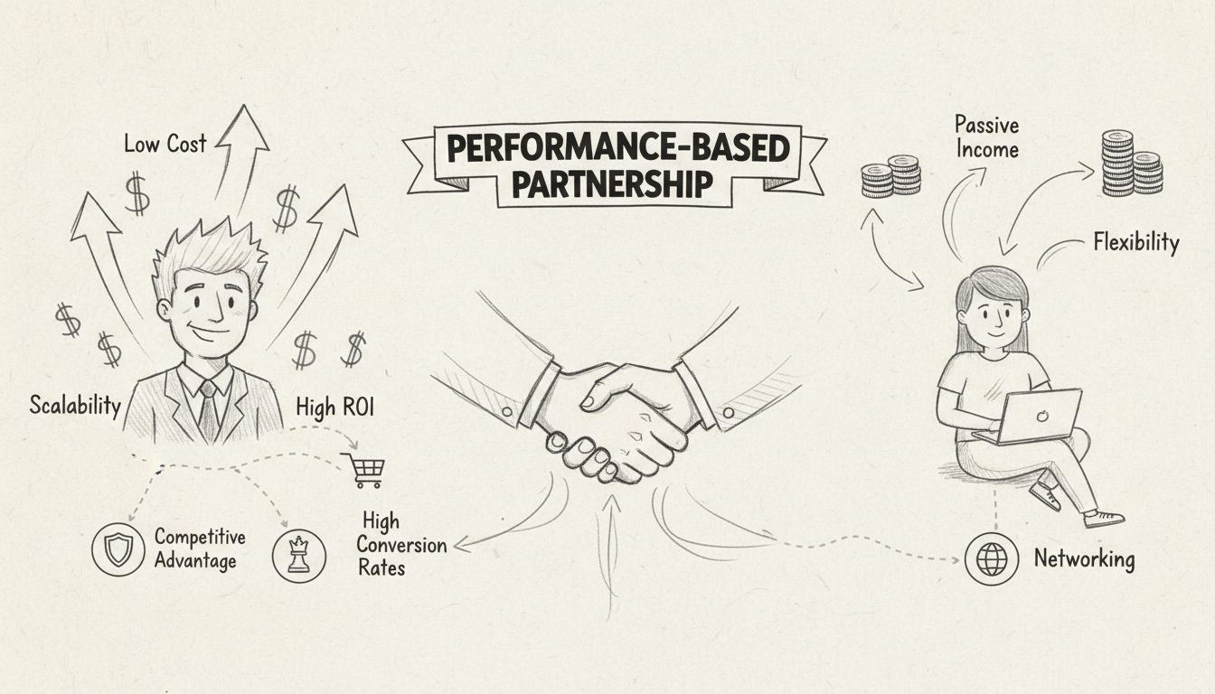 Ręcznie rysowany schemat przedstawiający korzyści programu partnerskiego, w tym niskie koszty, wysokie ROI, skalowalność, pasywny dochód, elastyczność, networking oraz partnerstwo oparte na wynikach