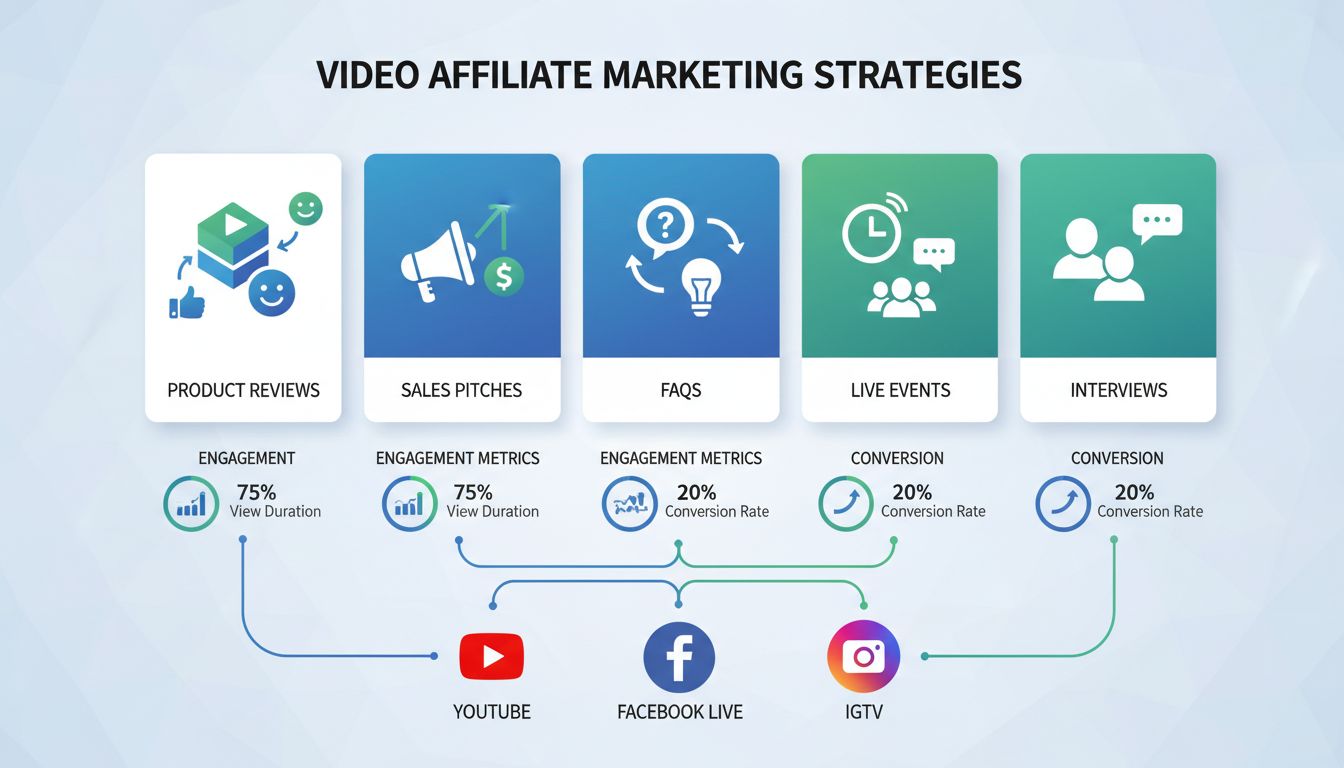Infografika strategii wideo marketingu afiliacyjnego: recenzje produktów, prezentacje sprzedażowe, FAQ, wydarzenia na żywo oraz wywiady z logotypami platform