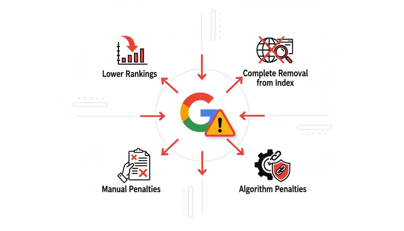 Infografika pokazująca kary SEO i ryzyka: spadki, deindeksacja, kary ręczne, kary algorytmiczne