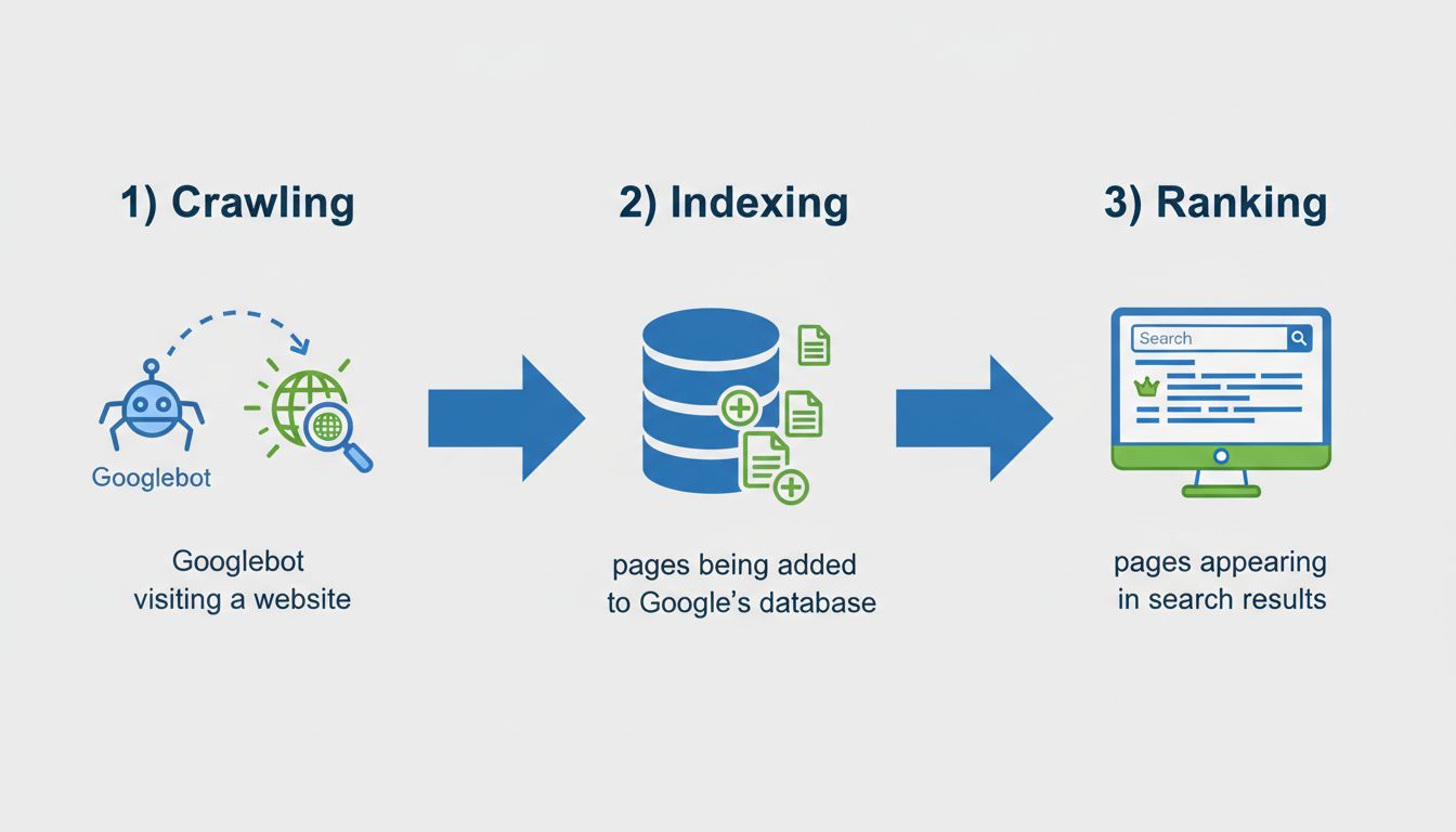 Schemat procesu indeksowania strony w Google ukazujący etapy: crawling, indexing i ranking