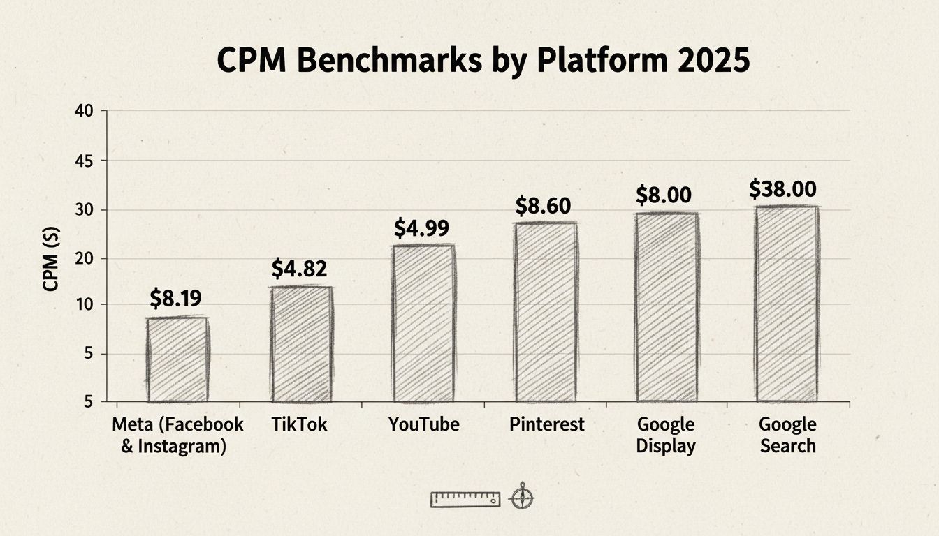 Benchmarki CPM według platform 2025 - Ręcznie rysowany diagram pokazujący średnie stawki CPM na Meta, TikTok, YouTube, Snapchat, Pinterest, Google Display i Google Search