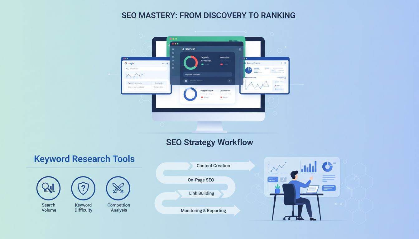 Dashboard narzędzi do badania słów kluczowych pokazujący wolumen wyszukiwań, trudność słowa kluczowego i analizę konkurencji