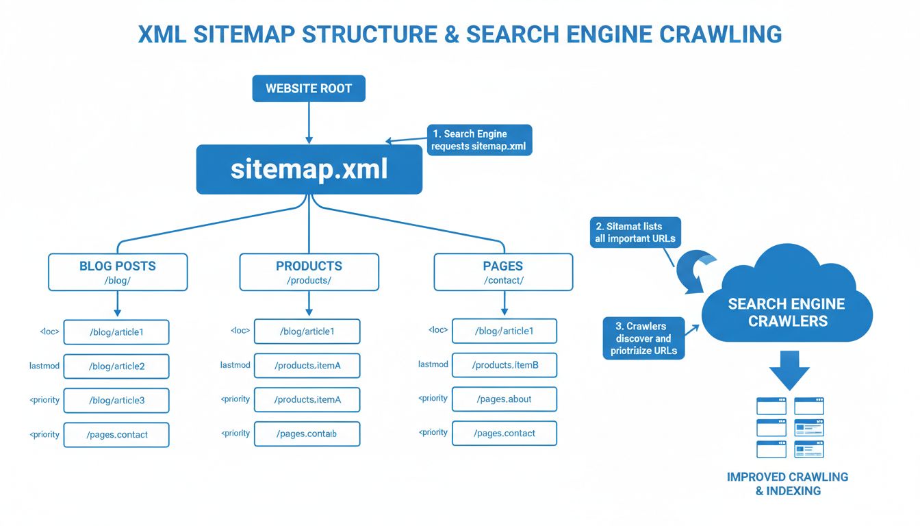 Diagram struktury mapy witryny XML pokazujący hierarchiczną organizację strony z trasami indeksowania przez wyszukiwarkę