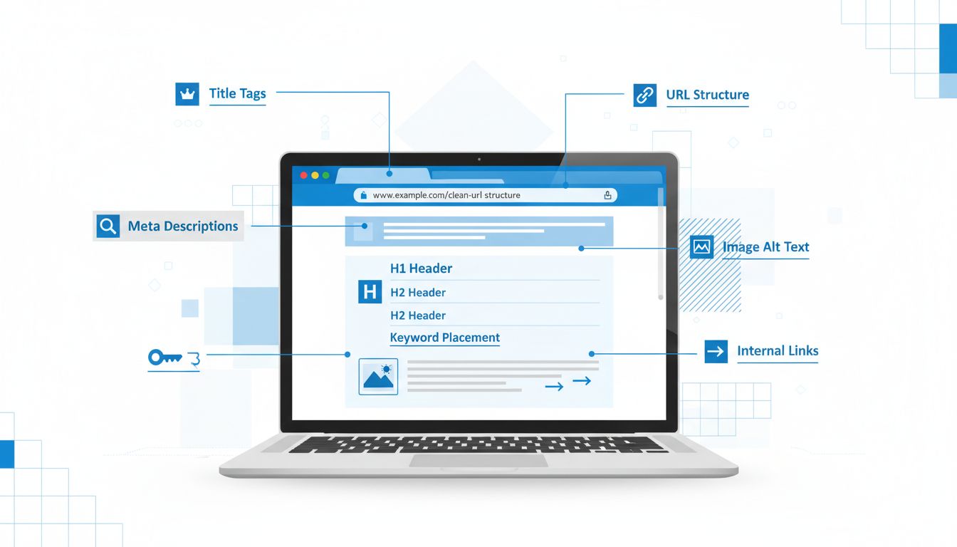 Elementy optymalizacji SEO na stronie, w tym tagi tytułów, meta opisy, nagłówki, rozmieszczenie słów kluczowych, struktura URL, linki wewnętrzne i tekst alternatywny obrazów wyświetlane na ekranie laptopa