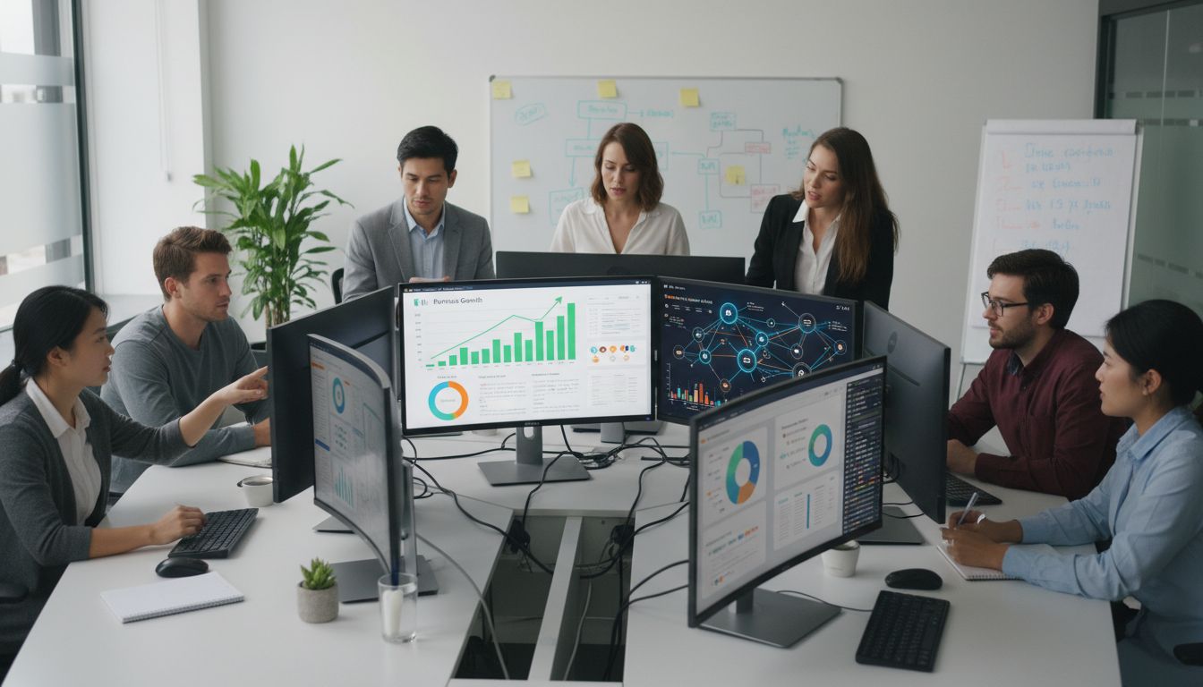 Zespół startupu technologicznego współpracujący nad strategią marketingu afiliacyjnego z widokiem pulpitu na wskaźniki i wizualizację sieci partnerów