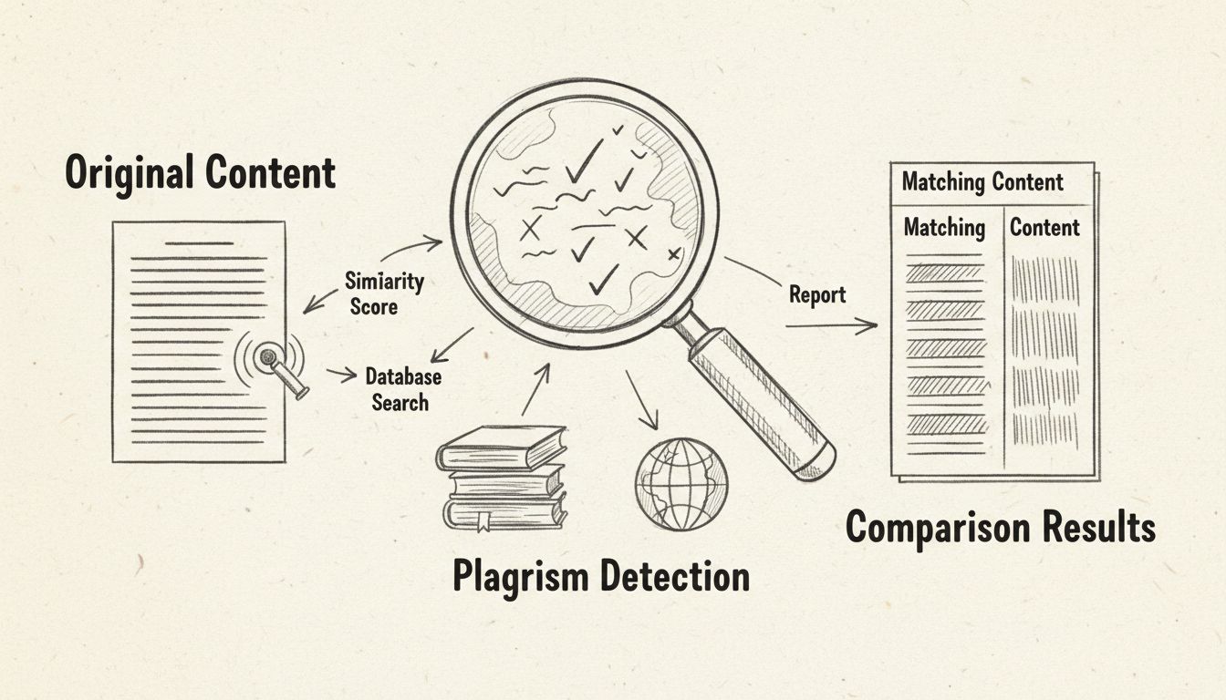 Ręcznie rysowany diagram pokazujący przebieg wykrywania plagiatu: skanowanie dokumentu, analiza porównawcza i wyróżnienie wyników