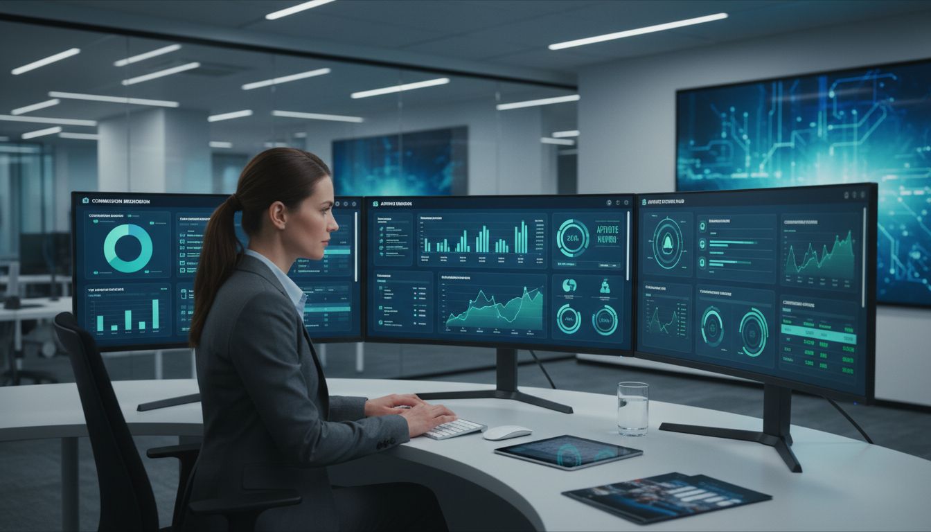 Menedżer ds. afiliacji przy biurku z wieloma monitorami, na których widoczne są panele analityczne i wskaźniki wydajności