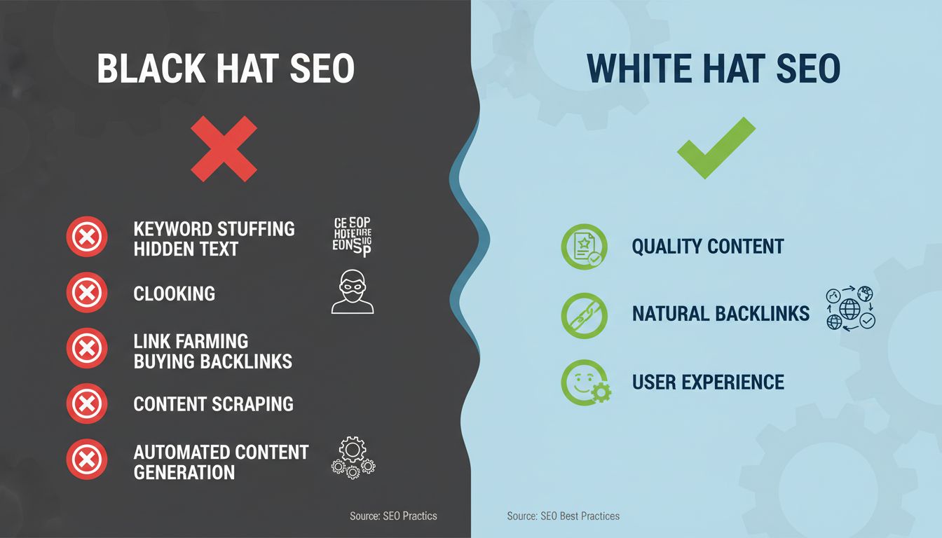 Infografika porównująca techniki Black Hat SEO i White Hat SEO