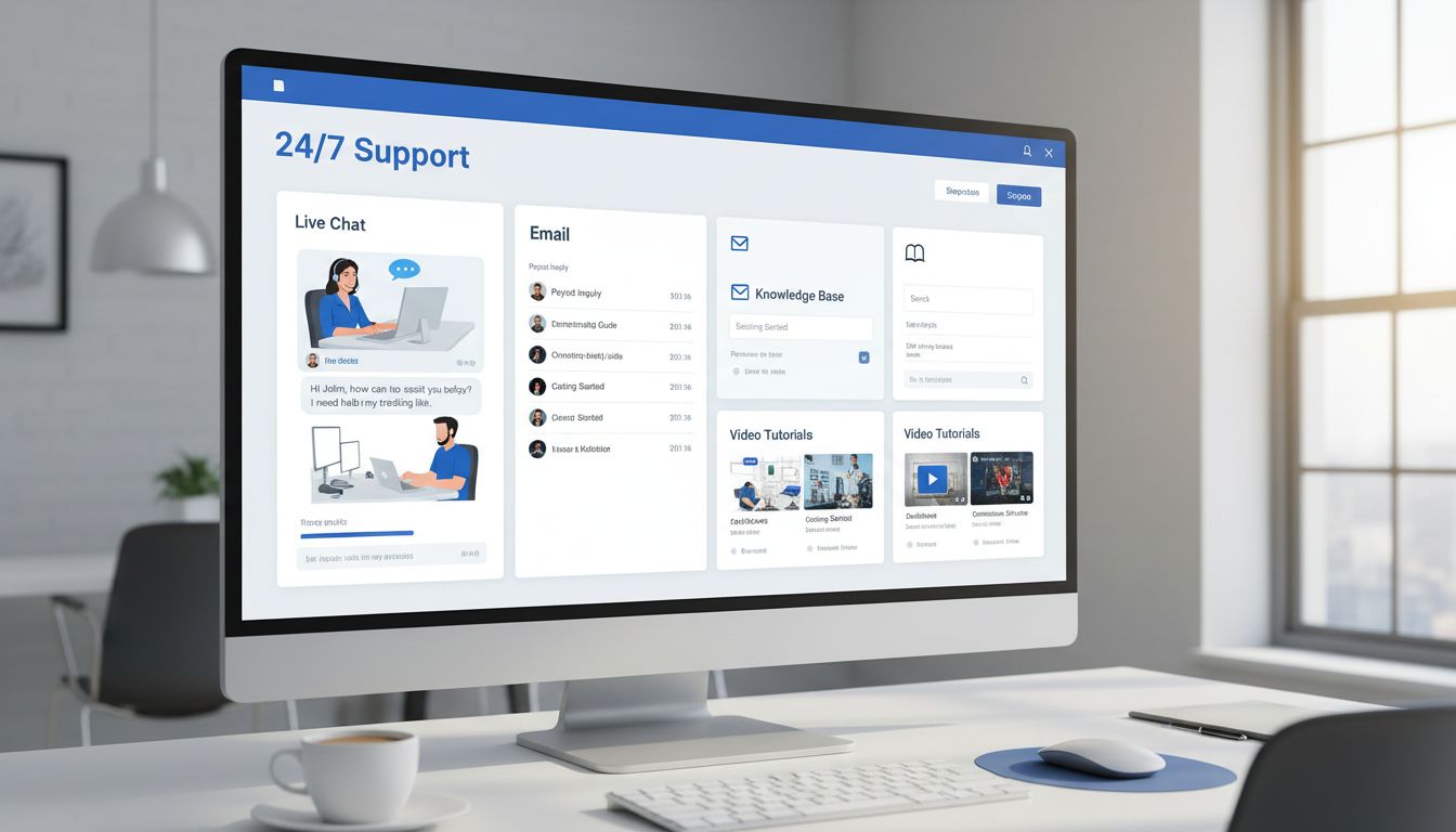 Profesjonalny pulpit wsparcia afiliacyjnego z wieloma kanałami komunikacji: czat na żywo, e-mail, baza wiedzy i wideoporadniki