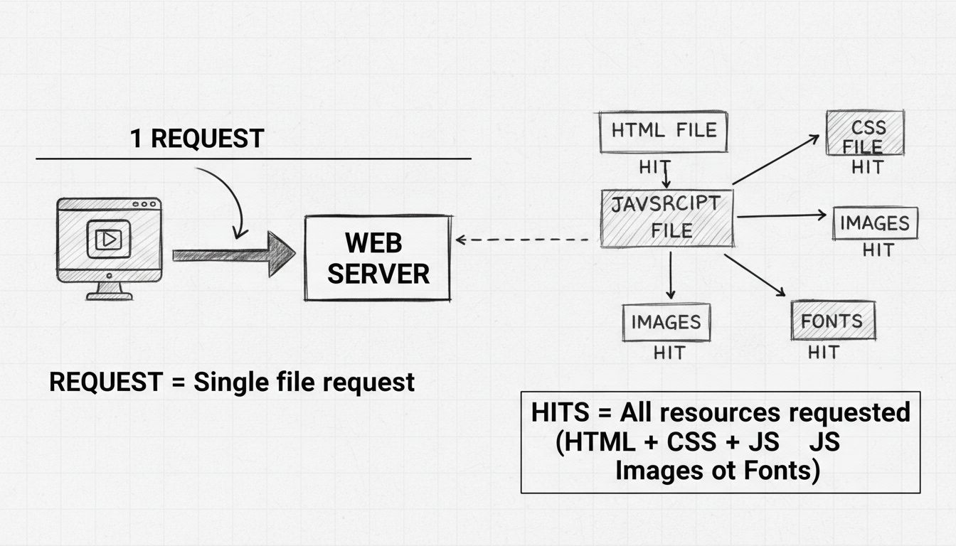 Diagram przedstawiający różnicę między żądaniami HTTP a hitami, z jednym żądaniem rozbijającym się na liczne hity dla HTML, CSS, JavaScript, obrazów i czcionek