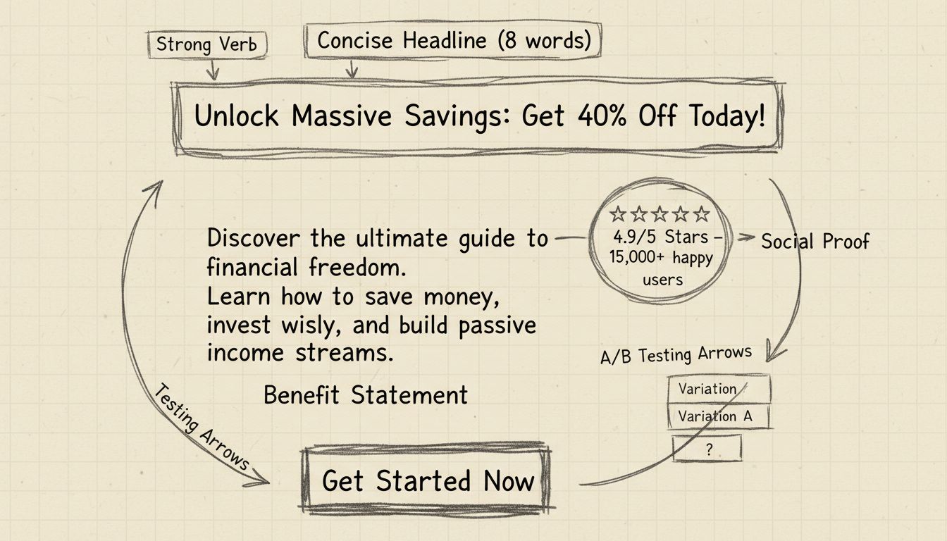 Ręcznie rysowany schemat przedstawiający anatomię skutecznych tekstów afiliacyjnych z adnotacjami dotyczącymi zwięzłych nagłówków, mocnych czasowników, liczb, korzyści, dowodów społecznych i jasnych CTA