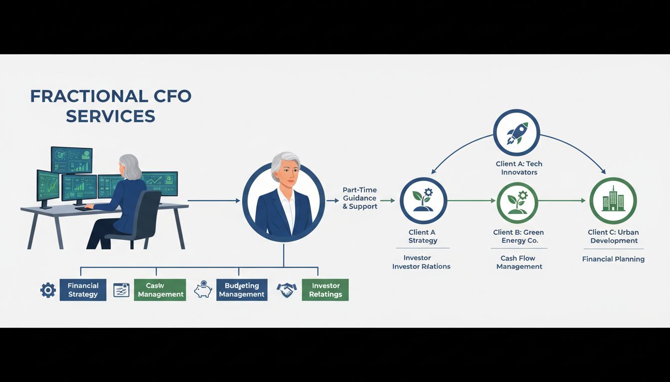 Fractional CFO świadczący usługi finansowe, w tym zarządzanie przepływem gotówki, budżetowanie, strategię finansową, zarządzanie ryzykiem i relacje z inwestorami