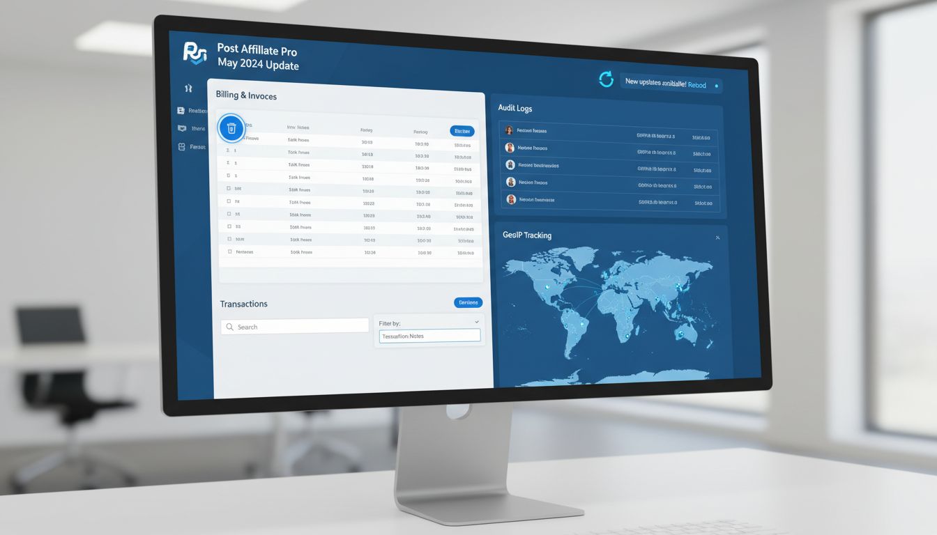 Panel Post Affiliate Pro pokazujący powiadomienie o odświeżeniu, dzienniki audytu, śledzenie GeoIP i funkcje filtrowania transakcji