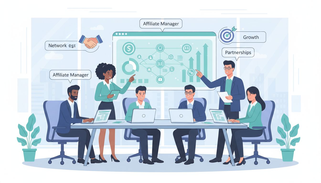 Profesjonalny zespół menedżerów ds. afiliacji współpracujących przy stole z laptopami, wykresami i diagramami sieci przedstawiającymi strategie partnerskie i rozwój