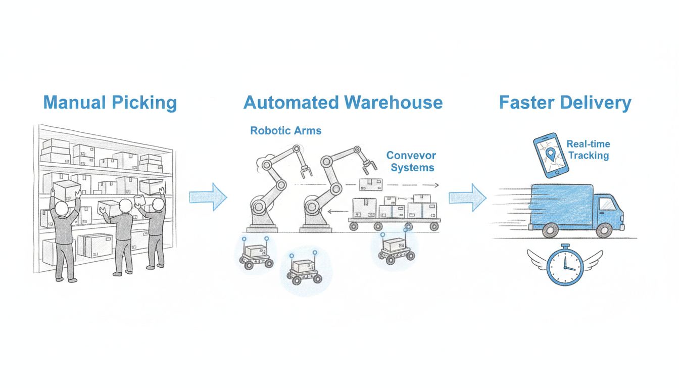 Schemat automatyzacji logistyki e-commerce: kompletacja manualna, zautomatyzowane systemy magazynowe z robotami i taśmociągami oraz szybsza dostawa