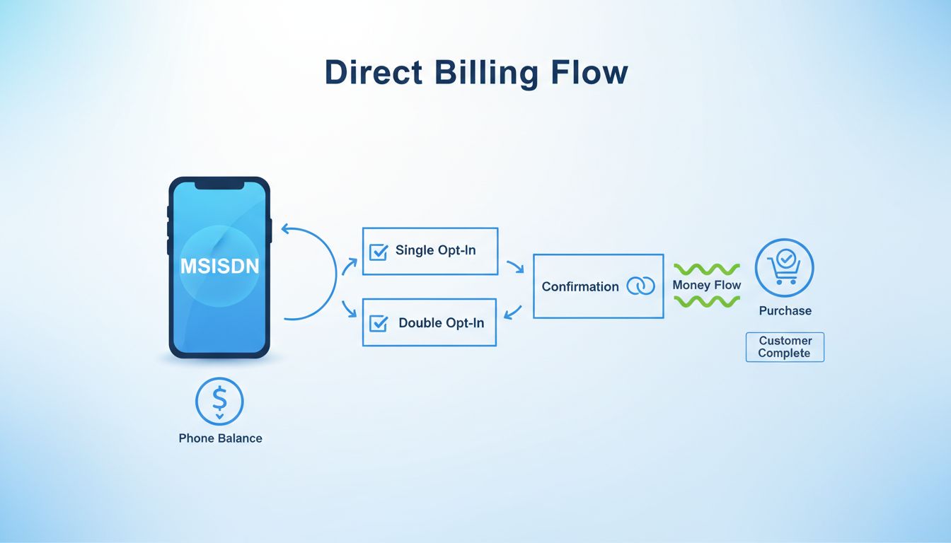 Infografika przedstawiająca Direct Billing Flow: identyfikację MSISDN, obciążenie salda telefonu i kroki potwierdzenia