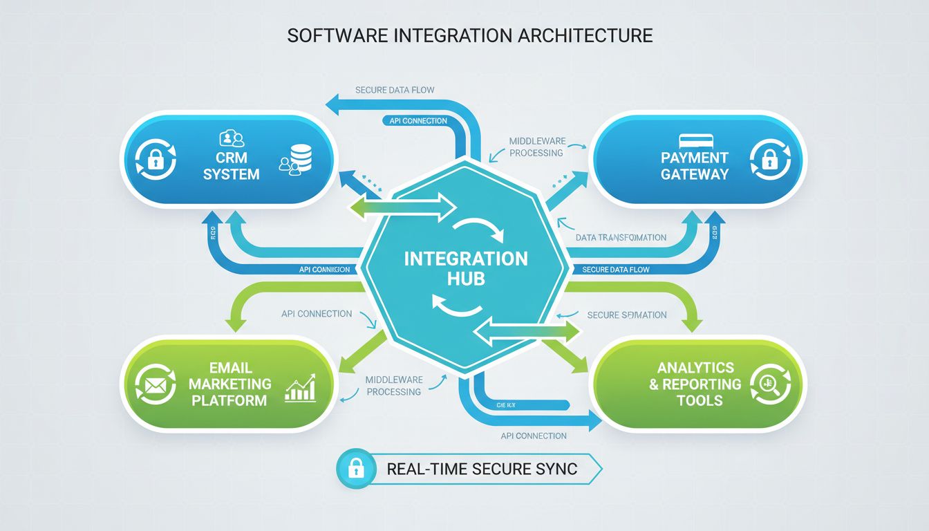 Schemat architektury integracji oprogramowania pokazujący CRM, Email Marketing, Bramkę Płatności i narzędzia Analityczne połączone przez centralny hub integracyjny z API i synchronizacją w czasie rzeczywistym