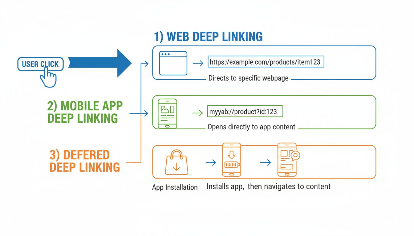 Diagram typów deep linkowania: deep linking w sieci, deep linking w aplikacji mobilnej oraz deep linking z opóźnieniem