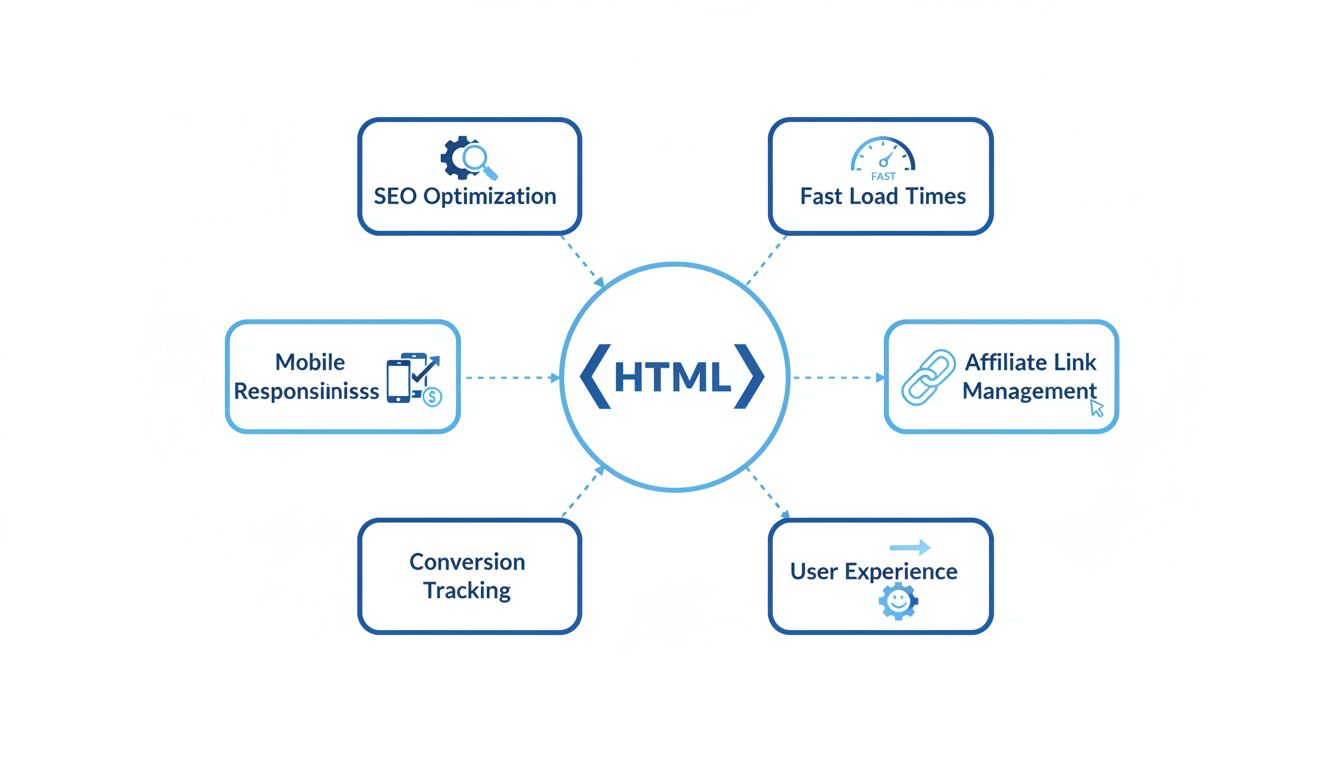 HTML Benefits for Affiliate Marketers - Technical Diagram showing SEO, Mobile Responsiveness, Conversion Tracking, Fast Load Times, Affiliate Link Management, and User Experience