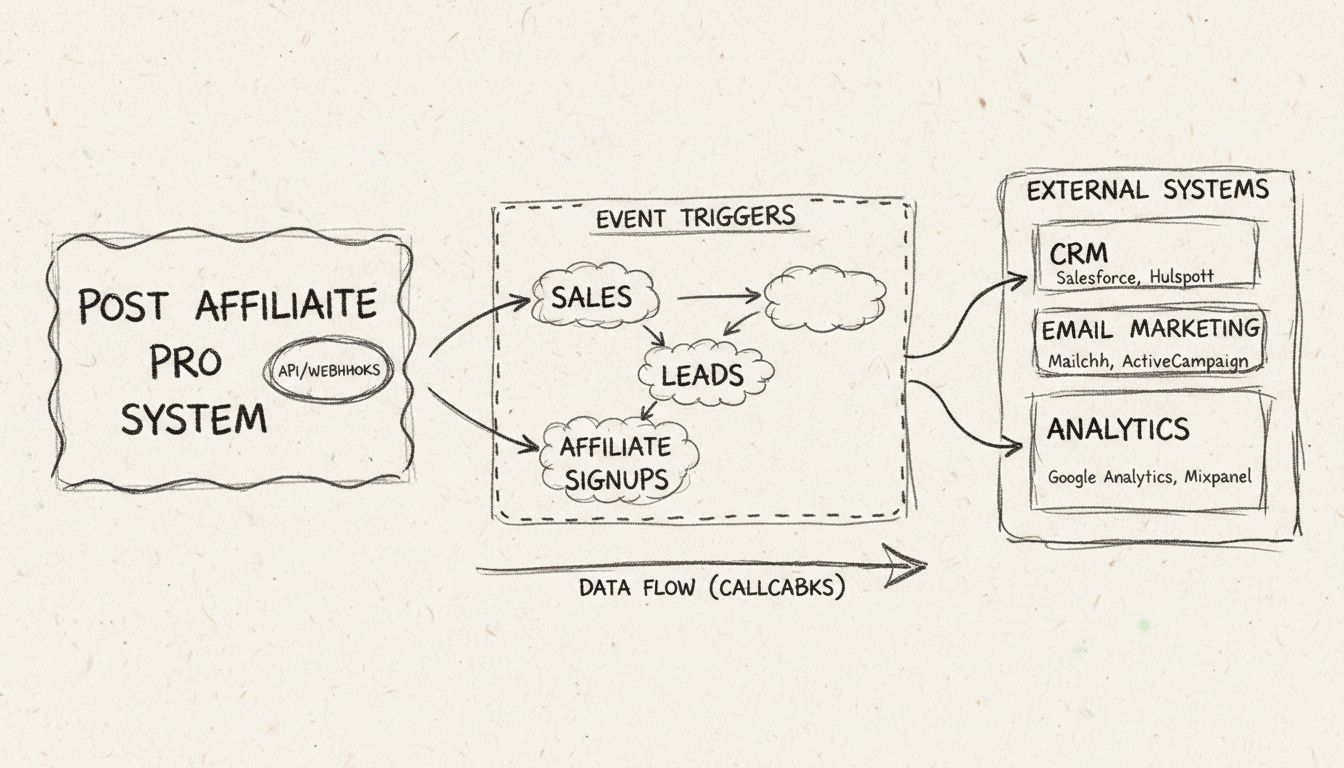 Diagram przepływu wywołań zwrotnych aplikacji pokazujący zdarzenia Post Affiliate Pro przekazywane do systemów zewnętrznych
