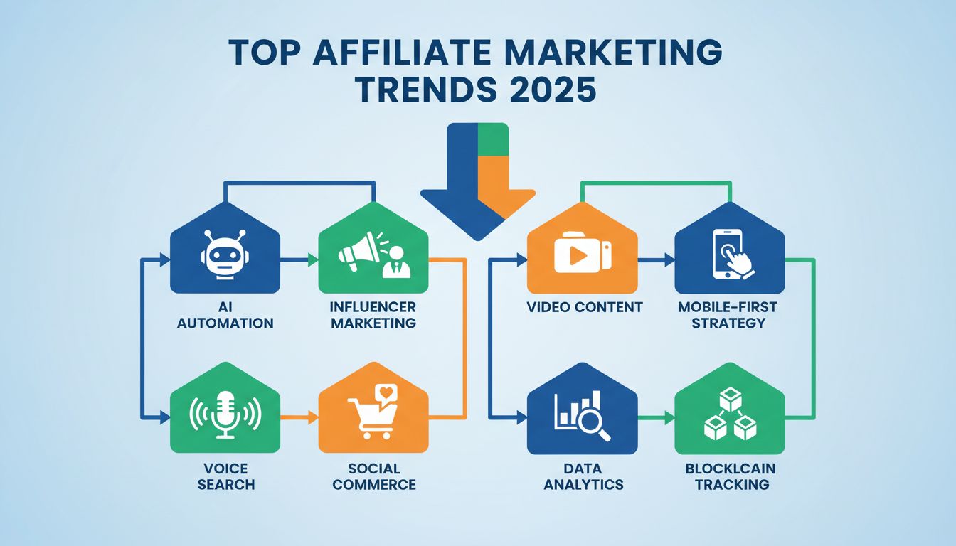 Najważniejsze trendy marketingu afiliacyjnego 2025: automatyzacja AI, marketing influencerów, treści wideo, strategia mobile-first, wyszukiwanie głosowe, handel społecznościowy, analityka danych i blockchain – infografika
