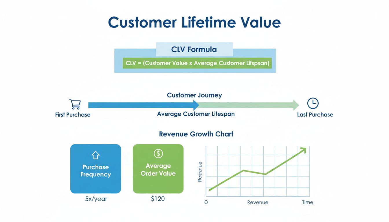 Customer Lifetime Value calculation formula and metrics infographic showing CLV formula, customer journey timeline, and key performance indicators