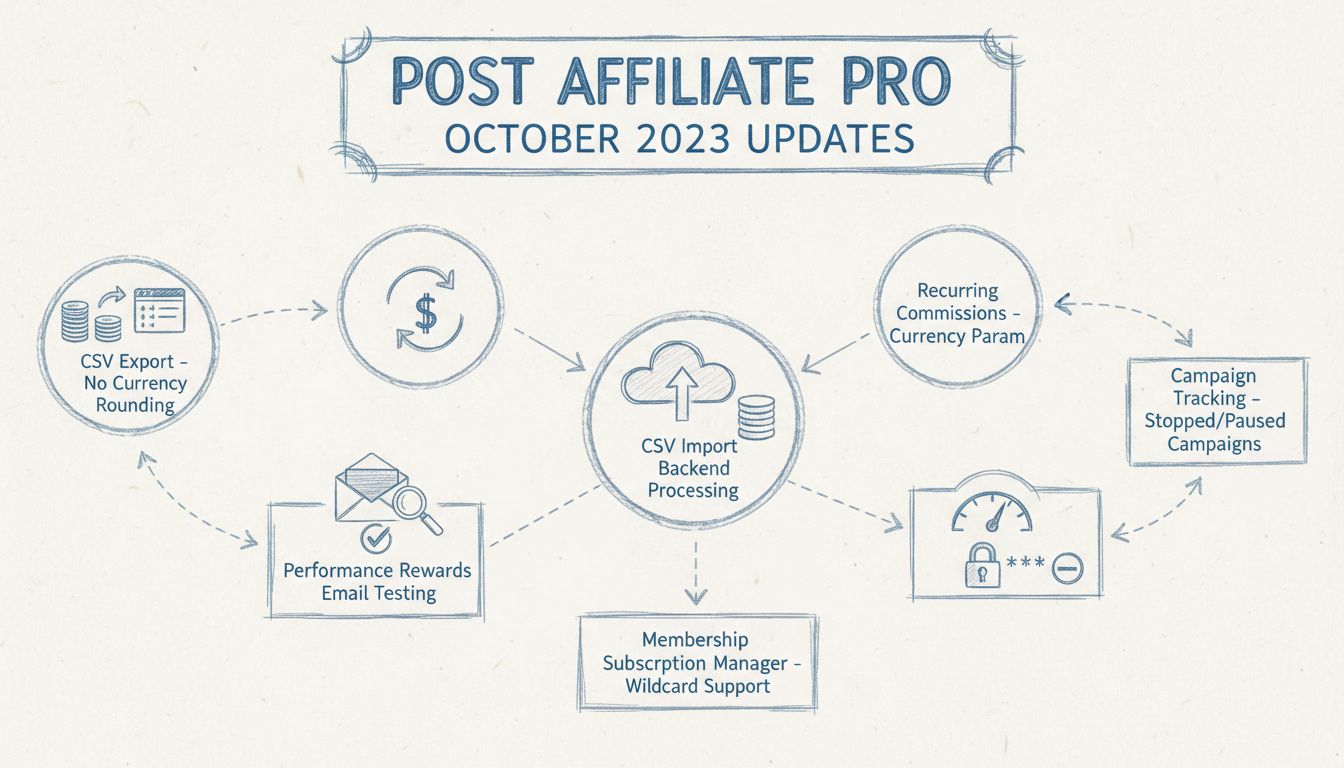 Diagram aktualizacji Post Affiliate Pro październik 2023 przedstawiający eksport CSV, Nagrody za Wyniki, prowizje cykliczne, zdjęcia profilowe i funkcje śledzenia kampanii