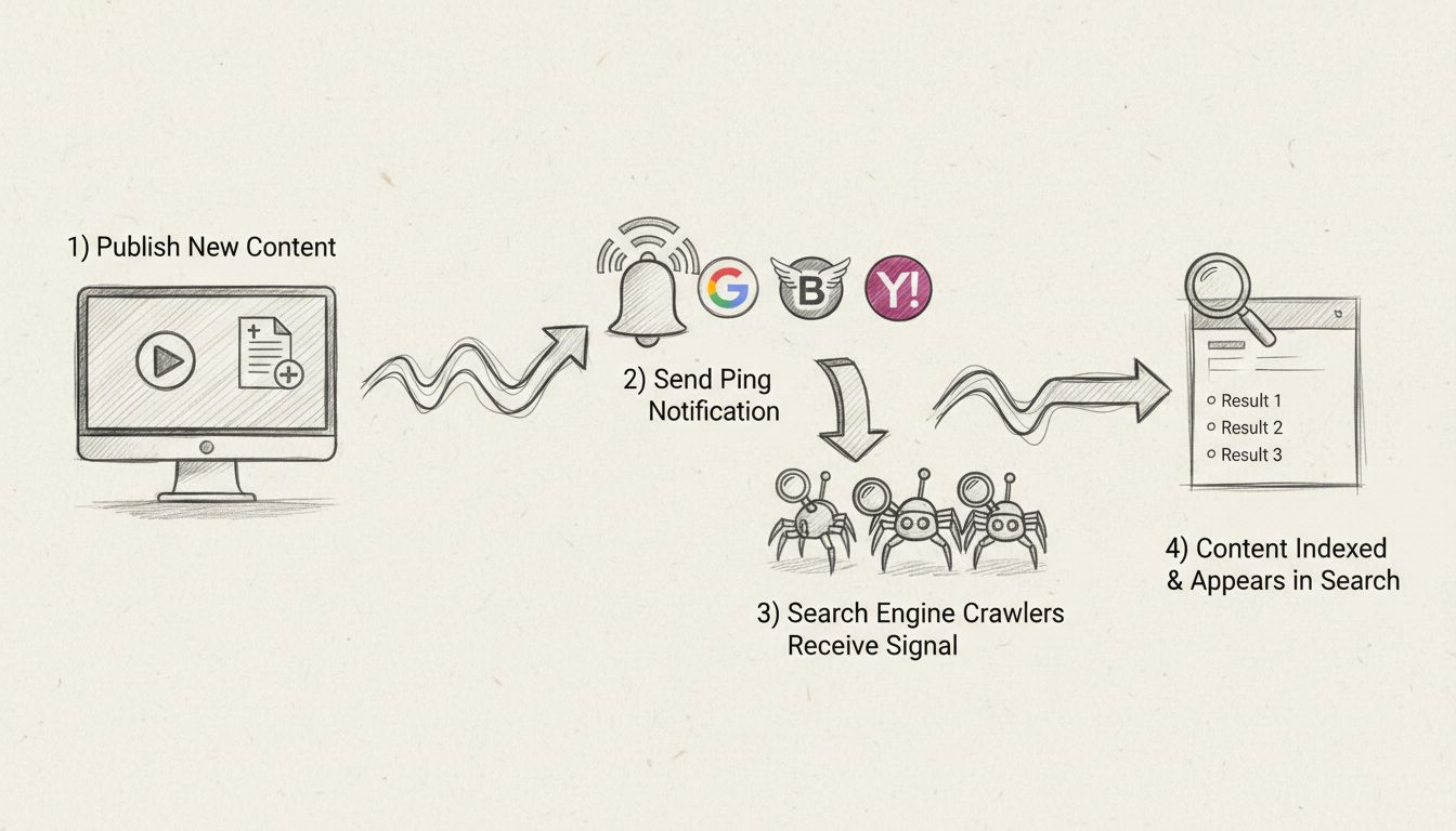 Diagram przepływu pingowania SEO pokazujący publikację treści, powiadomienie ping do wyszukiwarek, odbiór sygnału przez roboty i indeksowanie w wynikach wyszukiwania