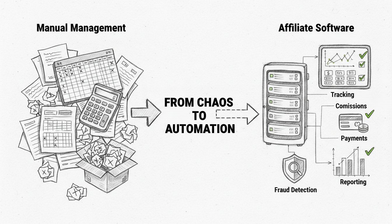 Diagram porównujący ręczne zarządzanie programem partnerskim za pomocą arkuszy kalkulacyjnych i błędów zautomatyzowanemu oprogramowaniu afiliacyjnemu z funkcjami śledzenia, prowizji, wykrywania oszustw i płatności
