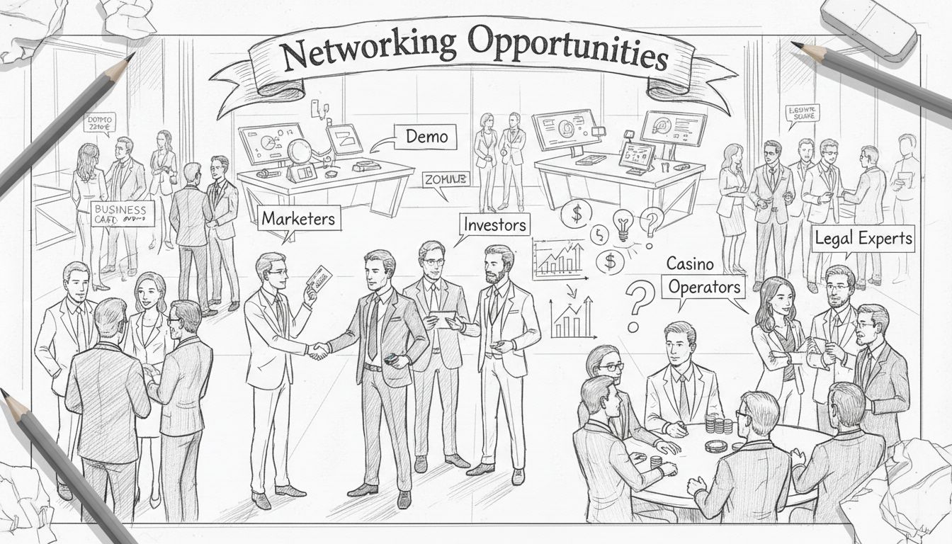 Profesjonalne wydarzenie networkingowe w strefie demo: marketerzy, operatorzy kasyn, inwestorzy i eksperci prawni wymieniają wizytówki i rozmawiają o możliwościach współpracy