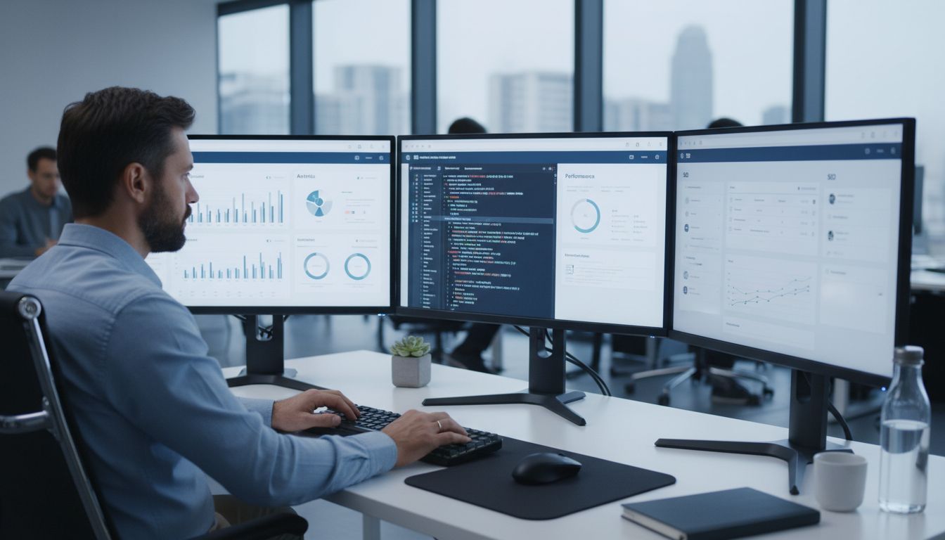 Profesjonalny webmaster pracujący przy biurku z wieloma monitorami wyświetlającymi analitykę stron, edytor kodu i panel SEO