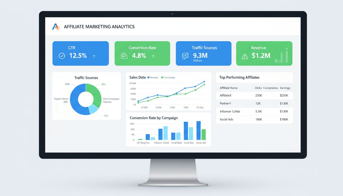 Pulpit analityczny marketingu afiliacyjnego prezentujący współczynniki konwersji, CTR, źródła ruchu i wskaźniki przychodów