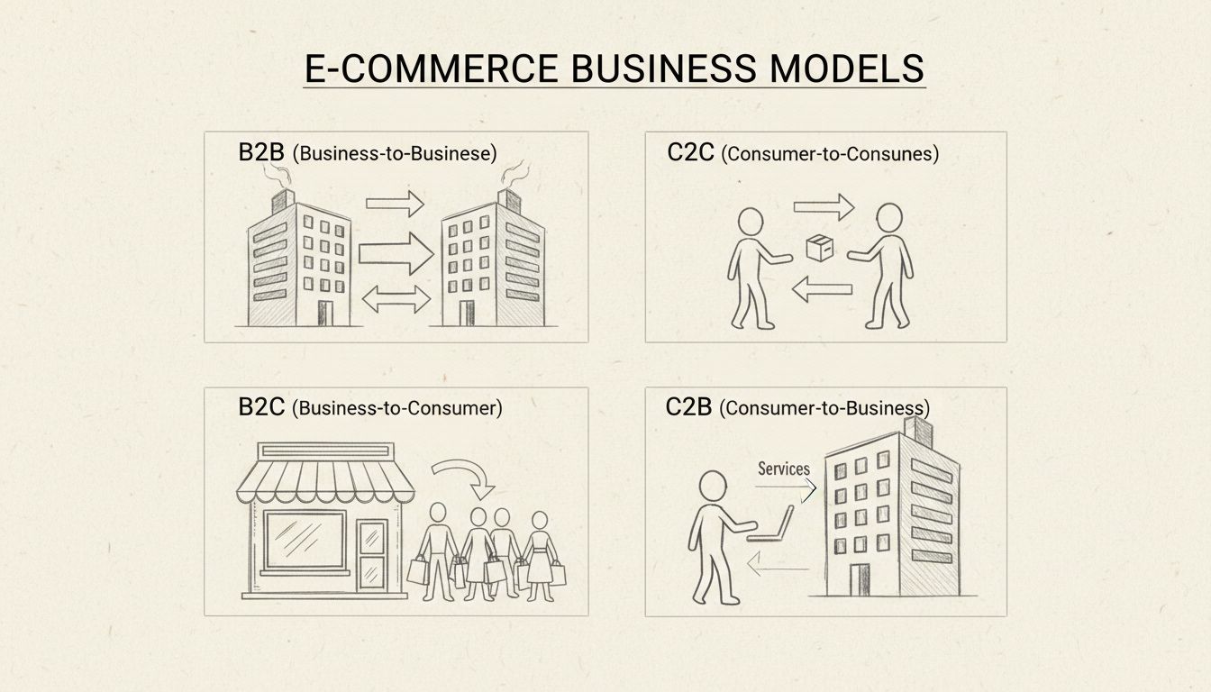 Ręcznie rysowany diagram przedstawiający cztery typy modeli e-commerce: B2B, B2C, C2C i C2B z przepływami transakcji i typami uczestników