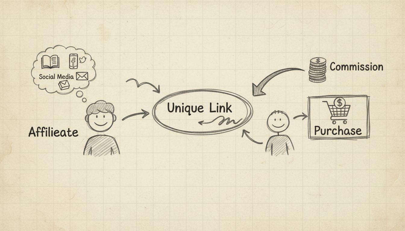Diagram przepływu kampanii afiliacyjnej, pokazujący afiliantów promujących przez różne kanały, unikalne linki śledzące, konwersję klienta i zarabianie prowizji