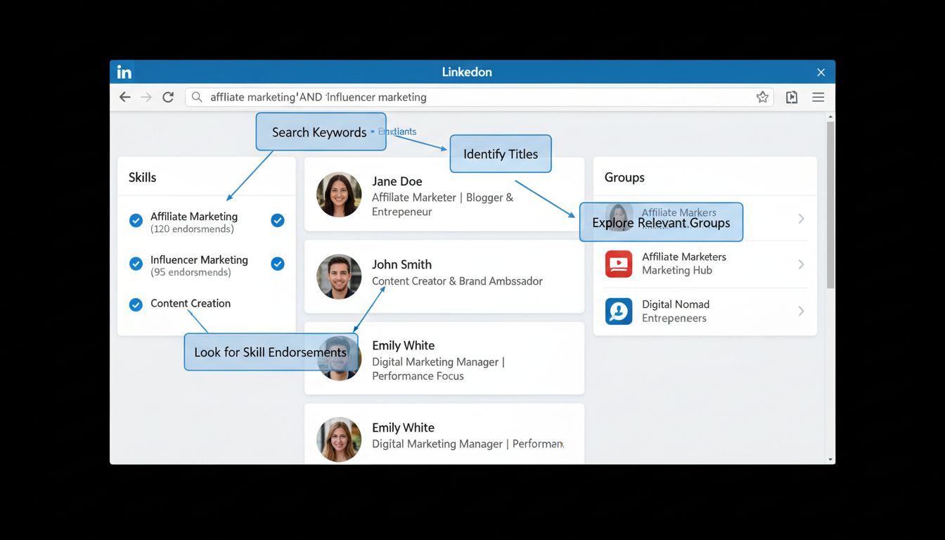 Interfejs LinkedIn pokazujący, jak wyszukiwać i identyfikować marketerów afiliacyjnych przy użyciu wyszukiwań słów kluczowych, analizy profili i aktywności w grupach